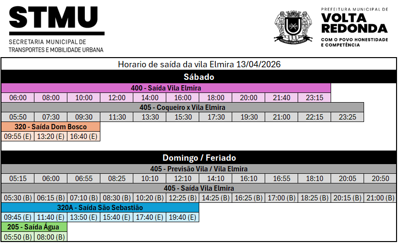 Horários de ônibus – Vila Elmira (Sábados, Domingos e Feriados – Abril/2026)